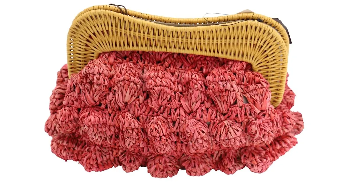 Autre Marque Cartera Kayu Monaco con ribete de ratán en rafia rosa 