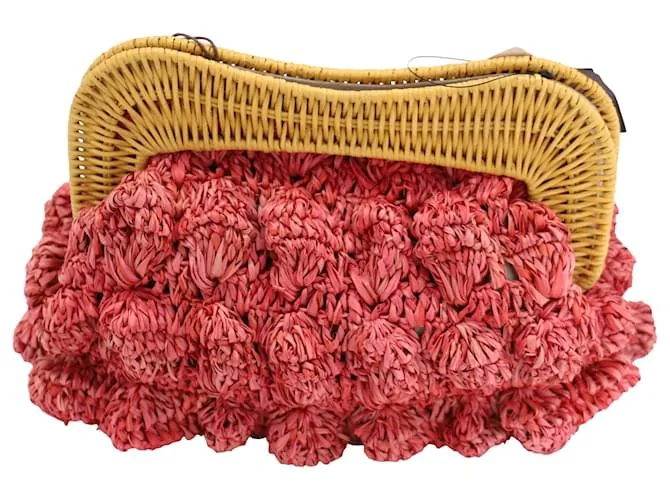Autre Marque Cartera Kayu Monaco con ribete de ratán en rafia rosa 