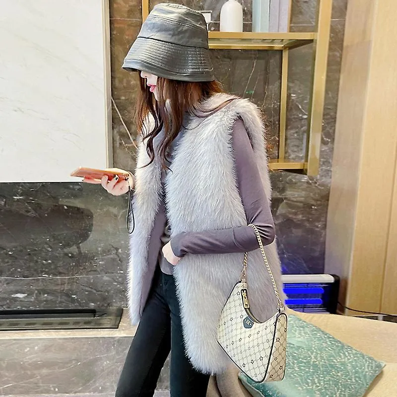 Autumn Winter Warm Fur Vest Coat Fashionable Artificial Fur Leather Jacket Fluffy Coat (light grey, Size XL)