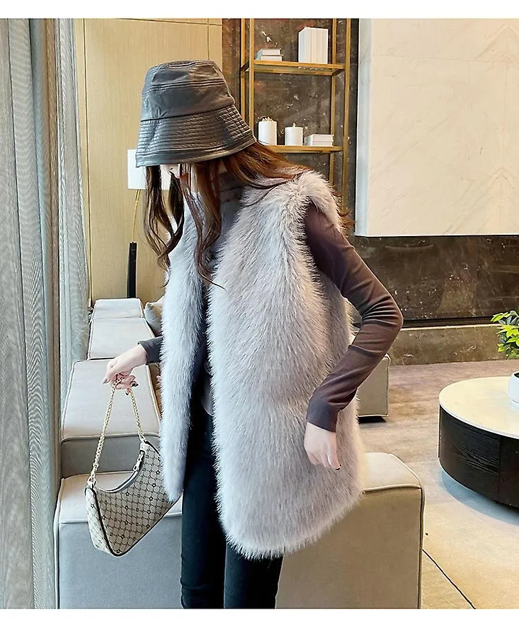 Autumn Winter Warm Fur Vest Coat Fashionable Artificial Fur Leather Jacket Fluffy Coat (light grey, Size XL)