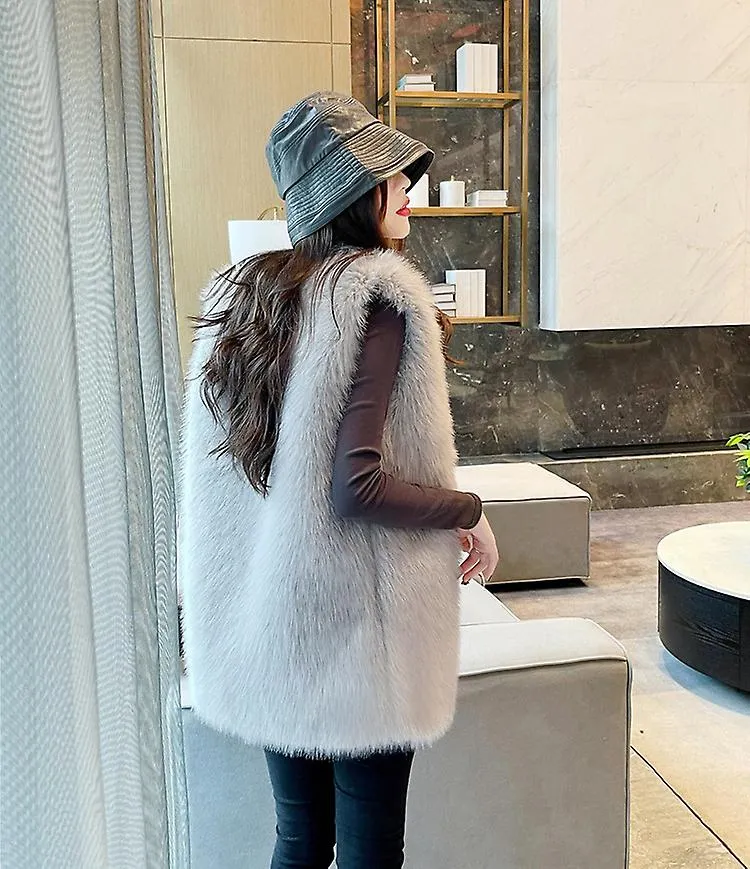 Autumn Winter Warm Fur Vest Coat Fashionable Artificial Fur Leather Jacket Fluffy Coat (light grey, Size XL)