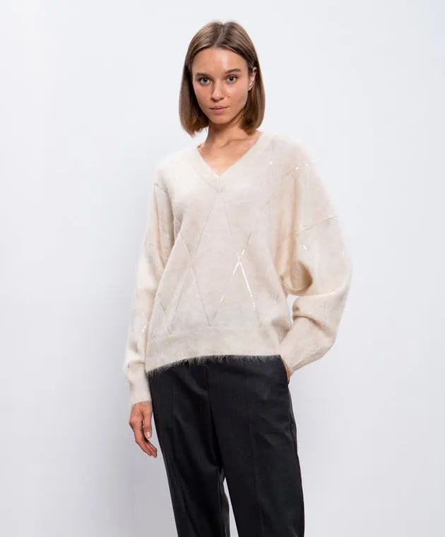 Brunello Cucinelli Beige pullover with wool and cashmere with sequins