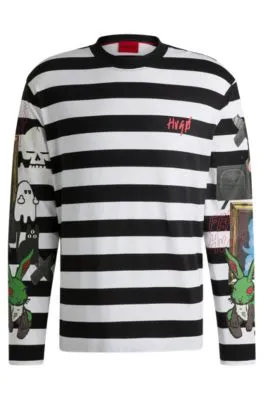 Camiseta de punto de algodón a rayas con estampados gráficos