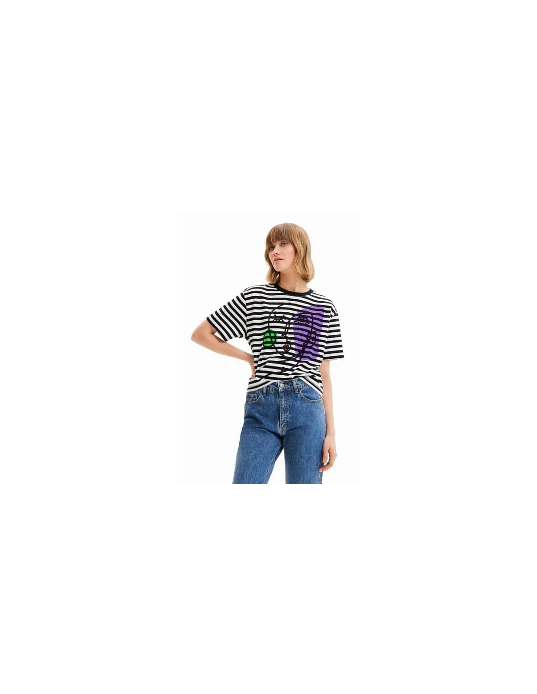 Camiseta de rayas e ilustración cara arty de Desigual
