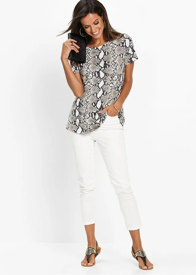 Camiseta larga con viscosa sostenible y estampado animal Beige con estampado de serpiente