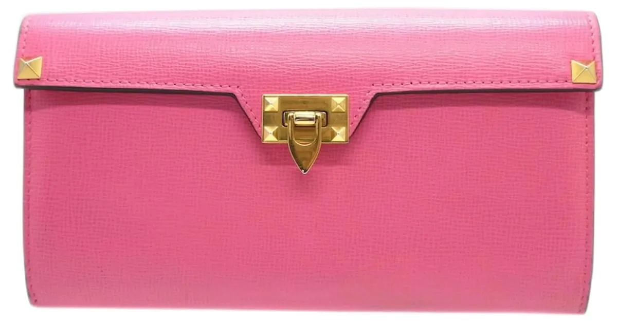 Cartera larga de cuero Valentino Rockstud con doble pliegue Rosa Roja 