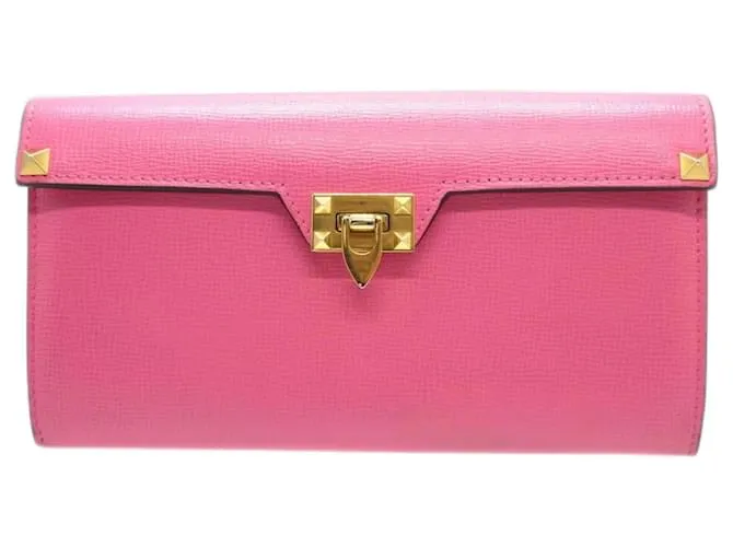 Cartera larga de cuero Valentino Rockstud con doble pliegue Rosa Roja 