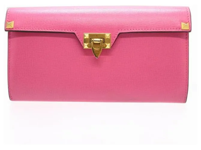 Cartera larga de cuero Valentino Rockstud con doble pliegue Rosa Roja 