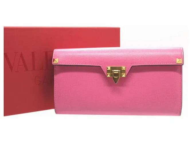 Cartera larga de cuero Valentino Rockstud con doble pliegue Rosa Roja 
