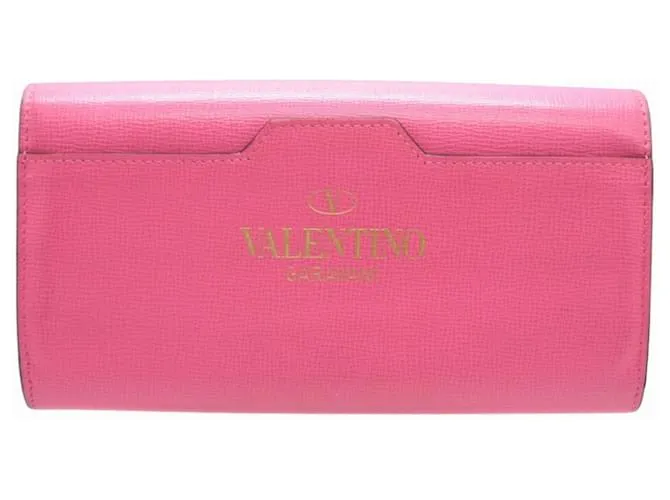 Cartera larga de cuero Valentino Rockstud con doble pliegue Rosa Roja 