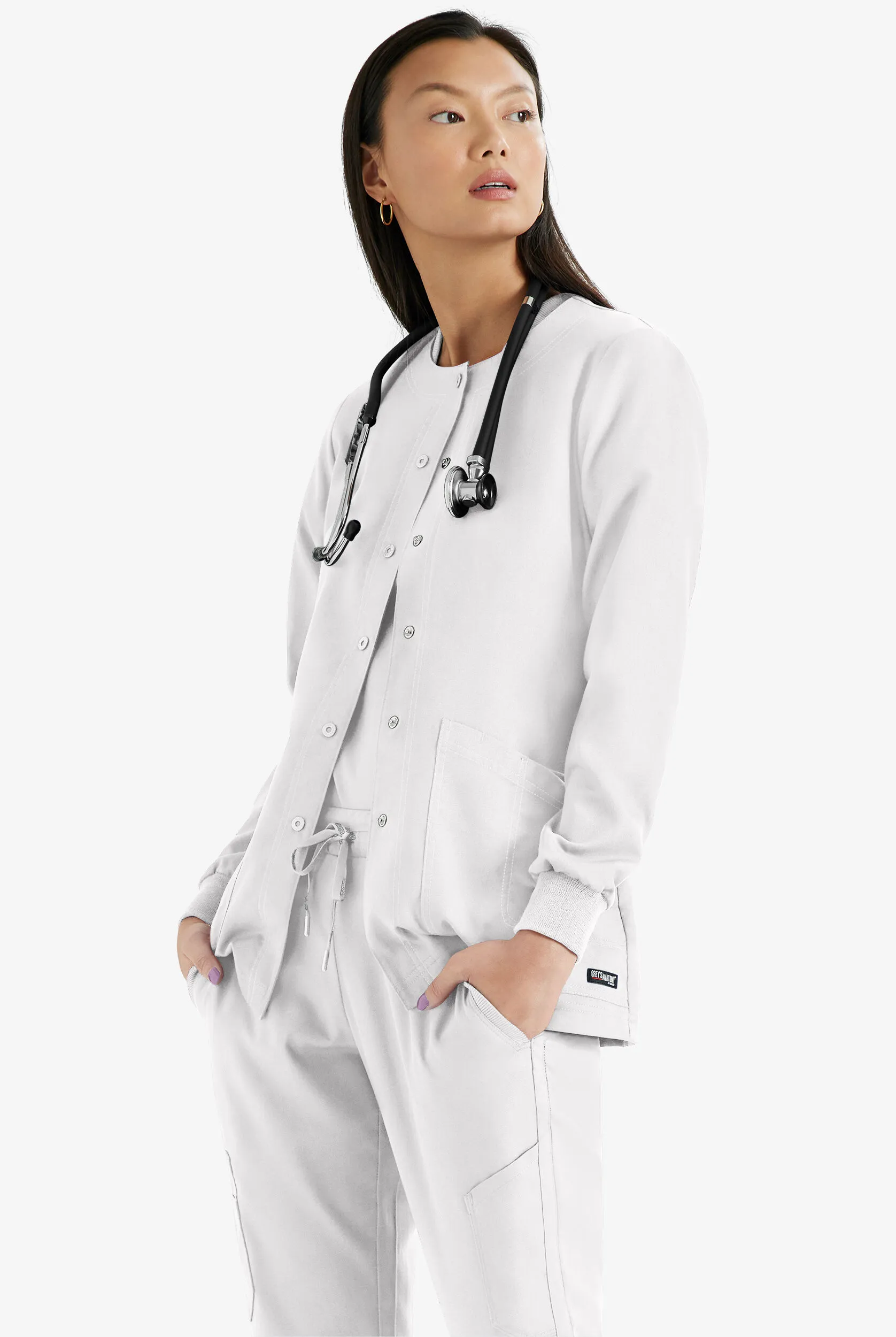 Chaqueta médica abrigada Grey's Anatomy de corte moderno con cuello redondo y 4 bolsillos para mujer
