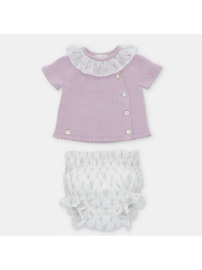 Conjunto con ranita Martín Aranda en tela plumetti lavanda