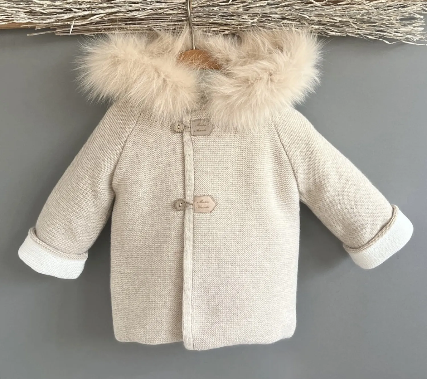 Double knit duffle coat with natural fur hood. azure collection
