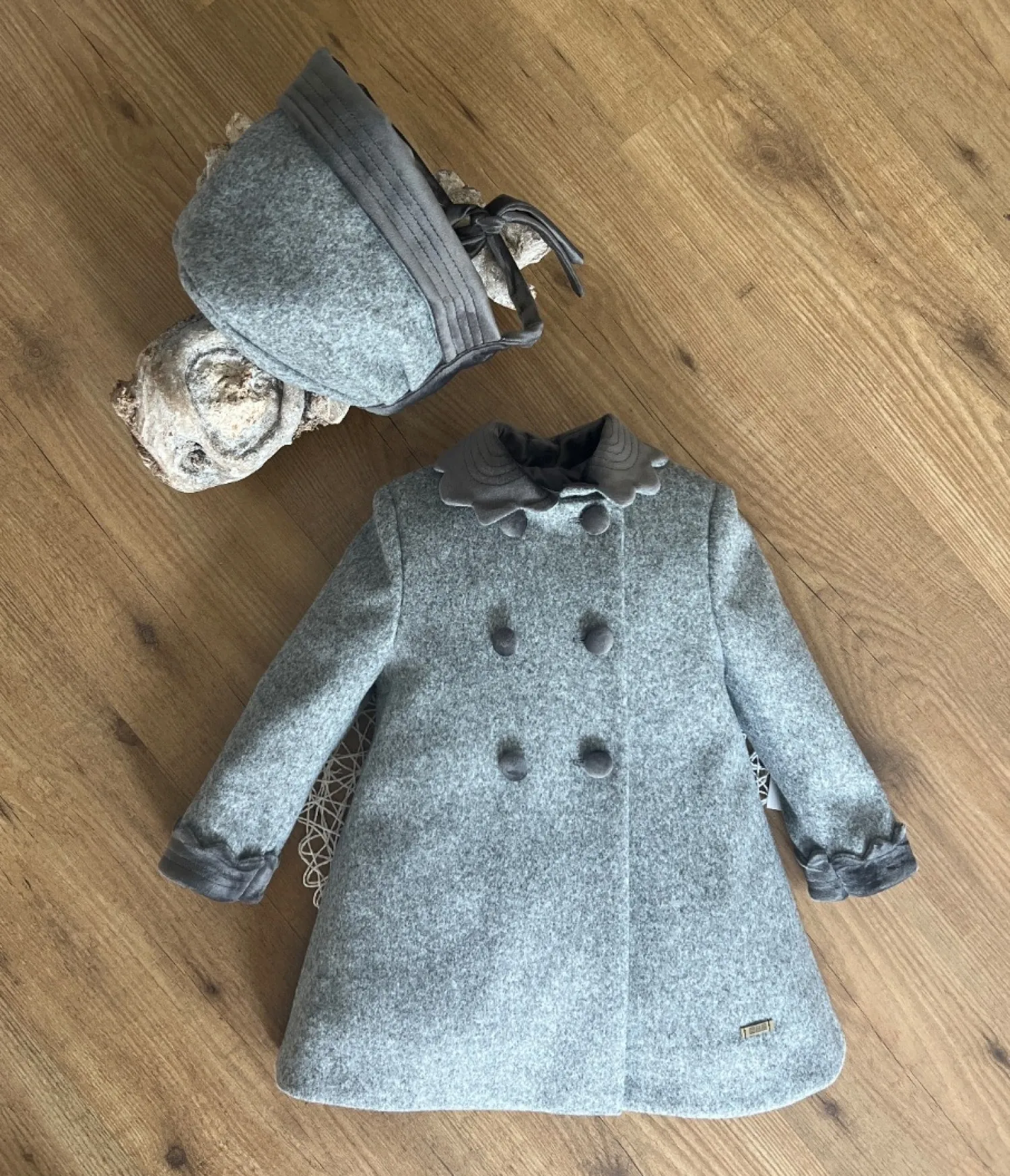 English model coat and hood set in gray cloth