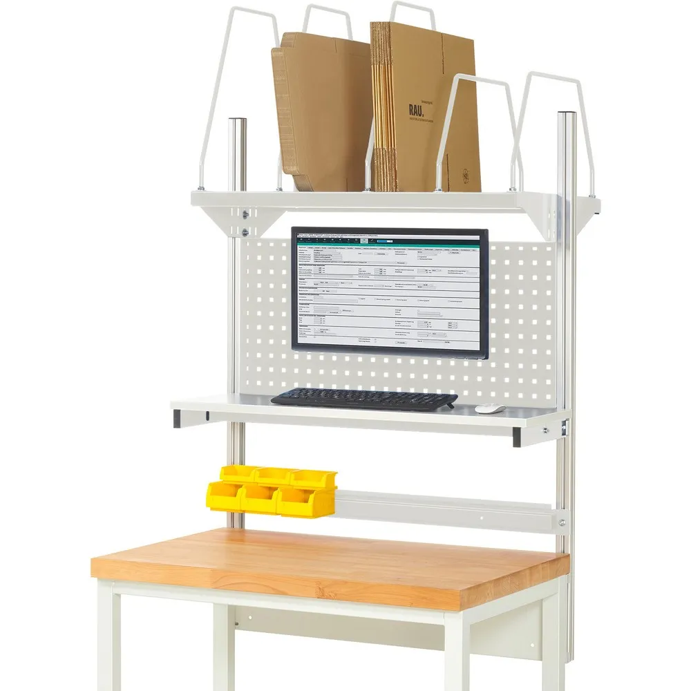 Estructura sistema RAU, H x A x F 1.130 x 1.000 x 350 mm, con 1 estante elevado, 1 guía de soporte y 1 soporte de pantalla plana