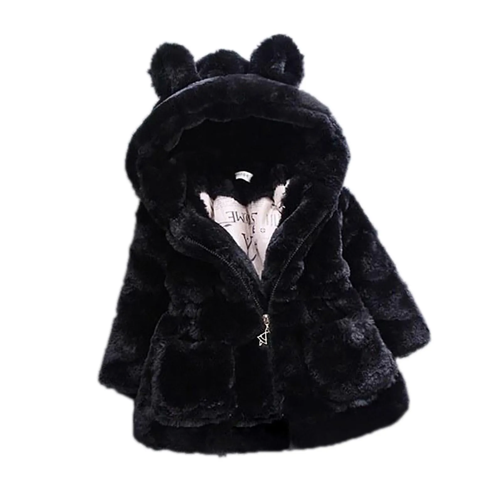 Fianao Kids Coat Rabbit Ear Windproof Polyester Long Sleeve Warm Girl Coat for Daily Life