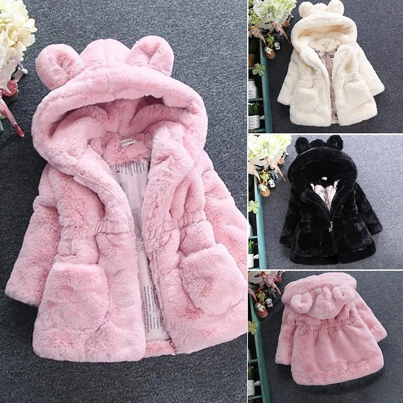 Fianao Kids Coat Rabbit Ear Windproof Polyester Long Sleeve Warm Girl Coat for Daily Life