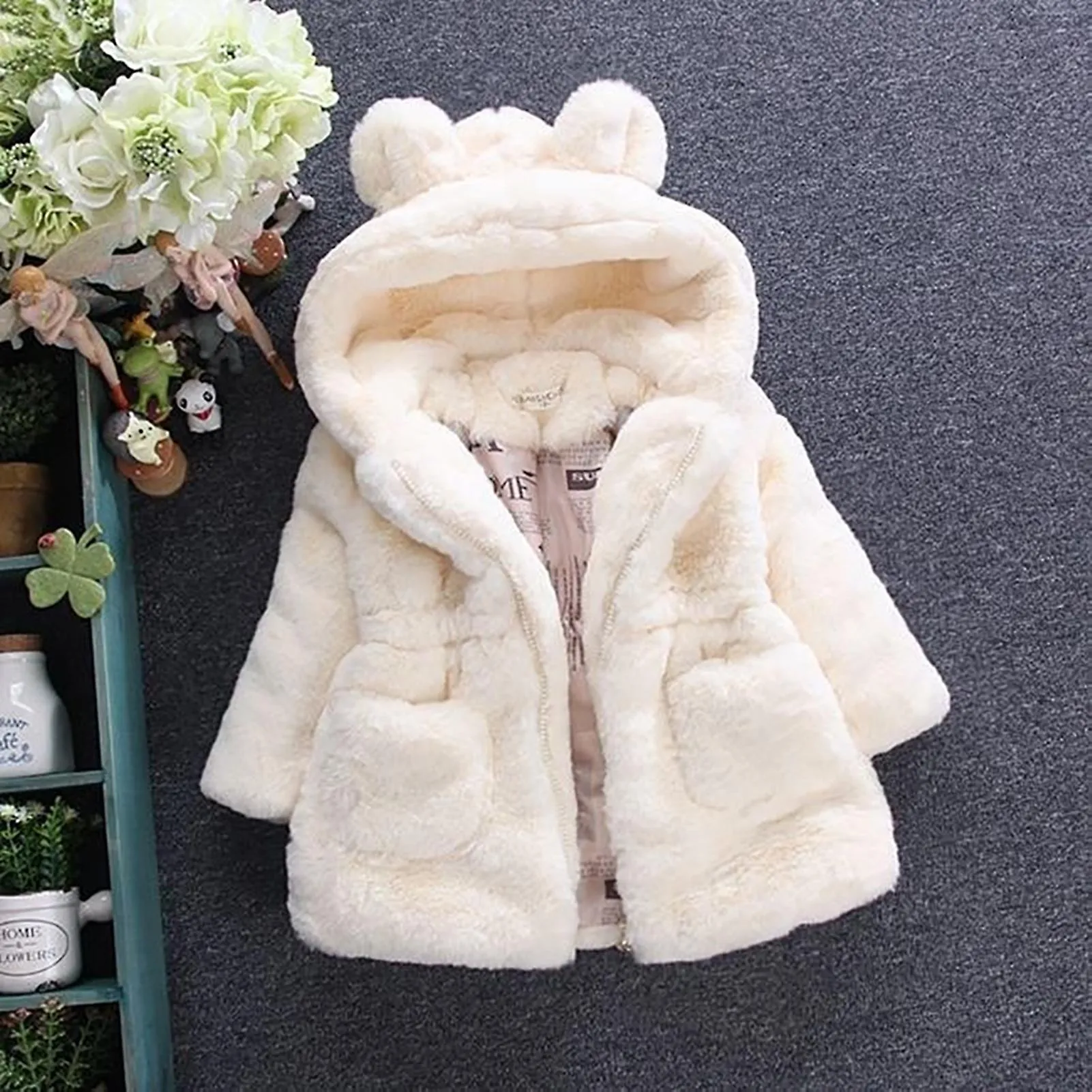 Fianao Kids Coat Rabbit Ear Windproof Polyester Long Sleeve Warm Girl Coat for Daily Life