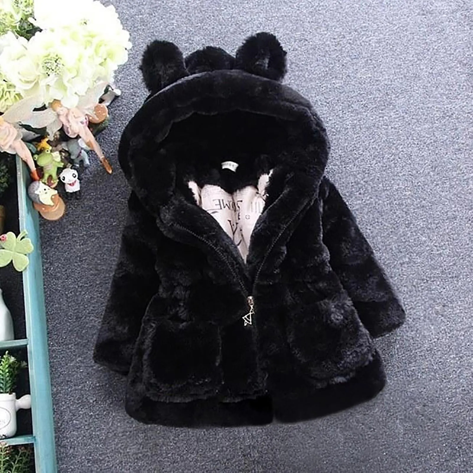 Fianao Kids Coat Rabbit Ear Windproof Polyester Long Sleeve Warm Girl Coat for Daily Life
