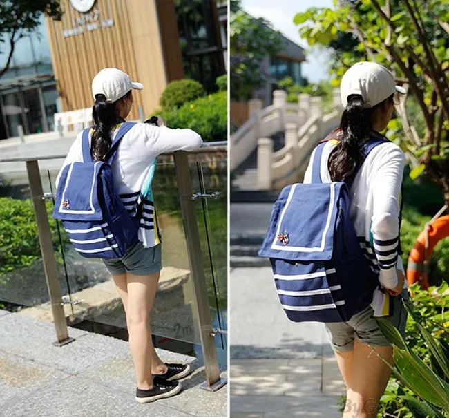 Fresh Navy Style Stripe Canvas College Backpacks