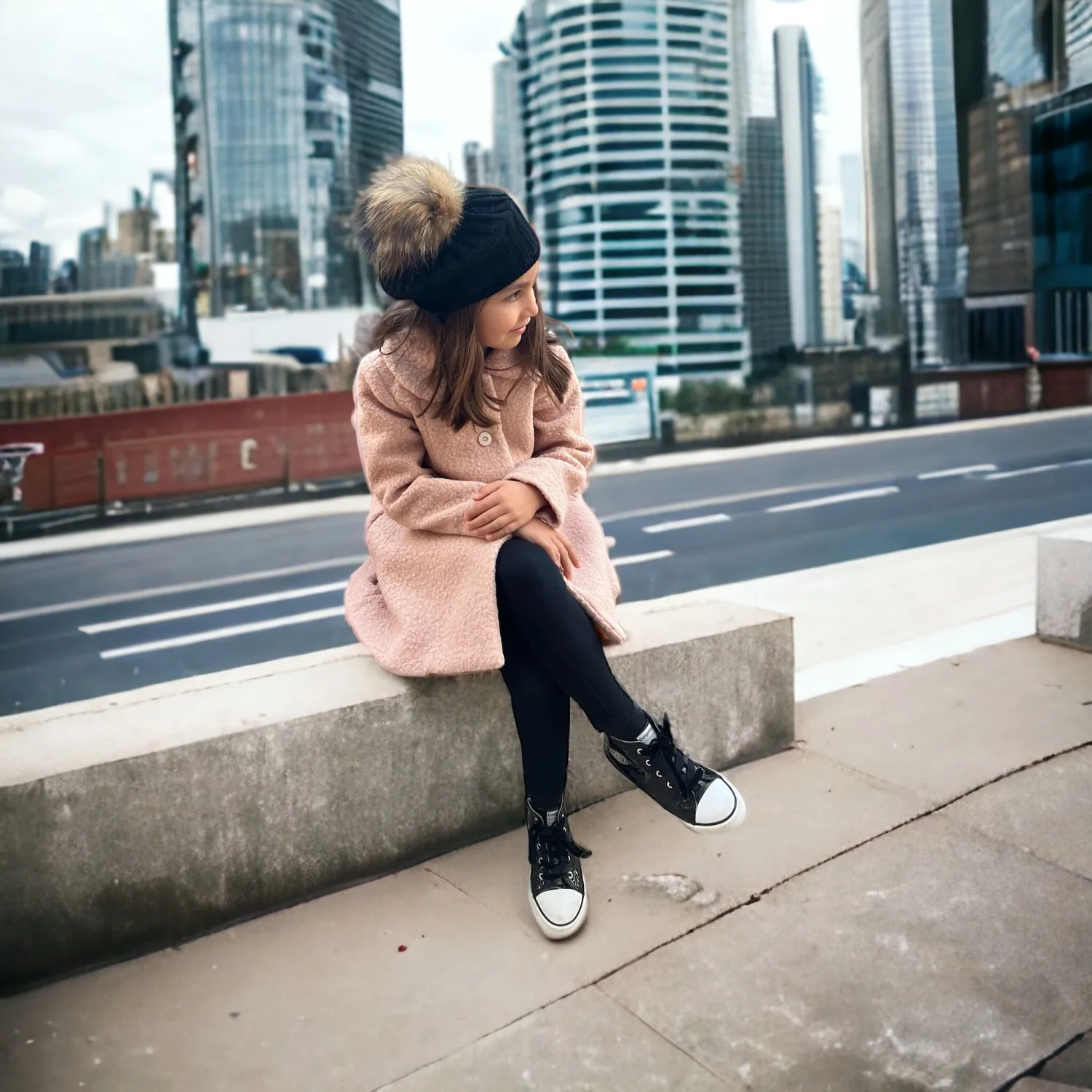 Girls' powder pink boiled woolen coat
