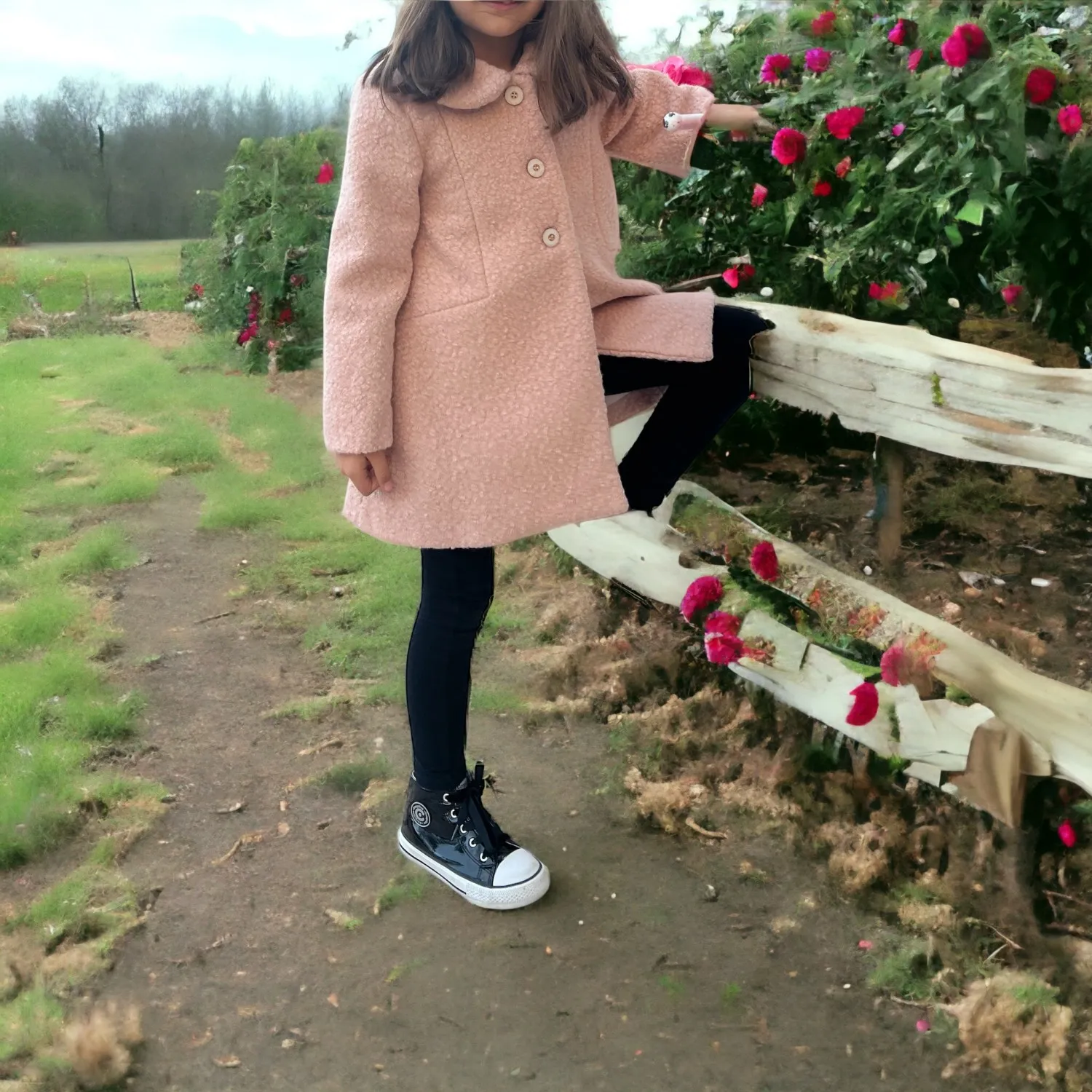 Girls' powder pink boiled woolen coat