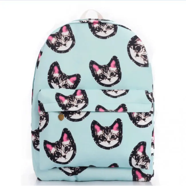 Light Blue Sweet Lovely Kitten Printing Canvas School Bag Satchel Backpack