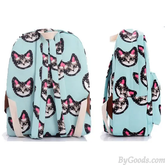 Light Blue Sweet Lovely Kitten Printing Canvas School Bag Satchel Backpack