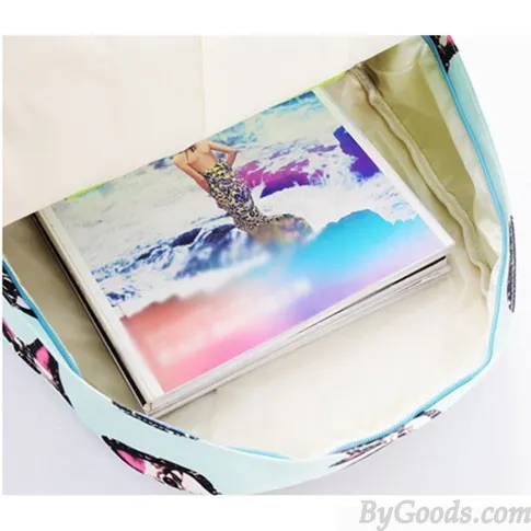 Light Blue Sweet Lovely Kitten Printing Canvas School Bag Satchel Backpack