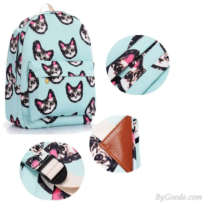 Light Blue Sweet Lovely Kitten Printing Canvas School Bag Satchel Backpack