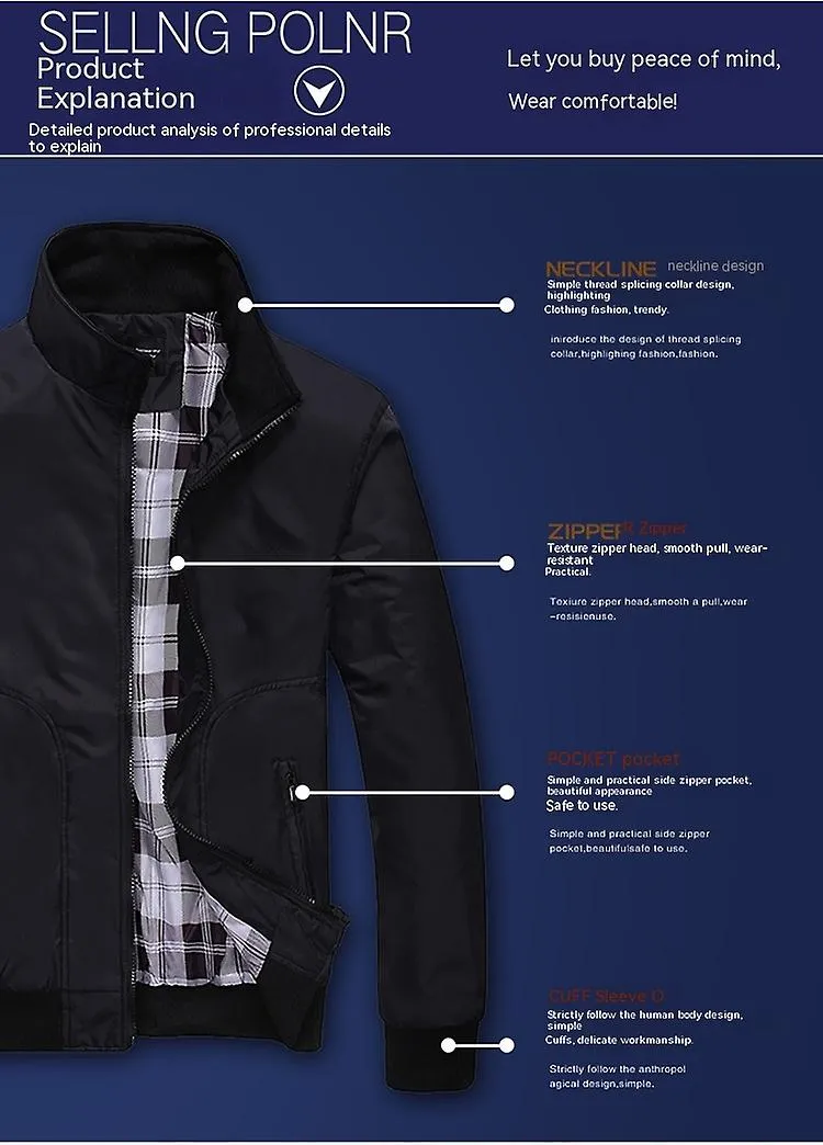 MEN'S LIGHTWEIGHT JACKET CASUAL SPRING FALL WINDBREAKER ZIP UP COAT WITH POCKETBLACK