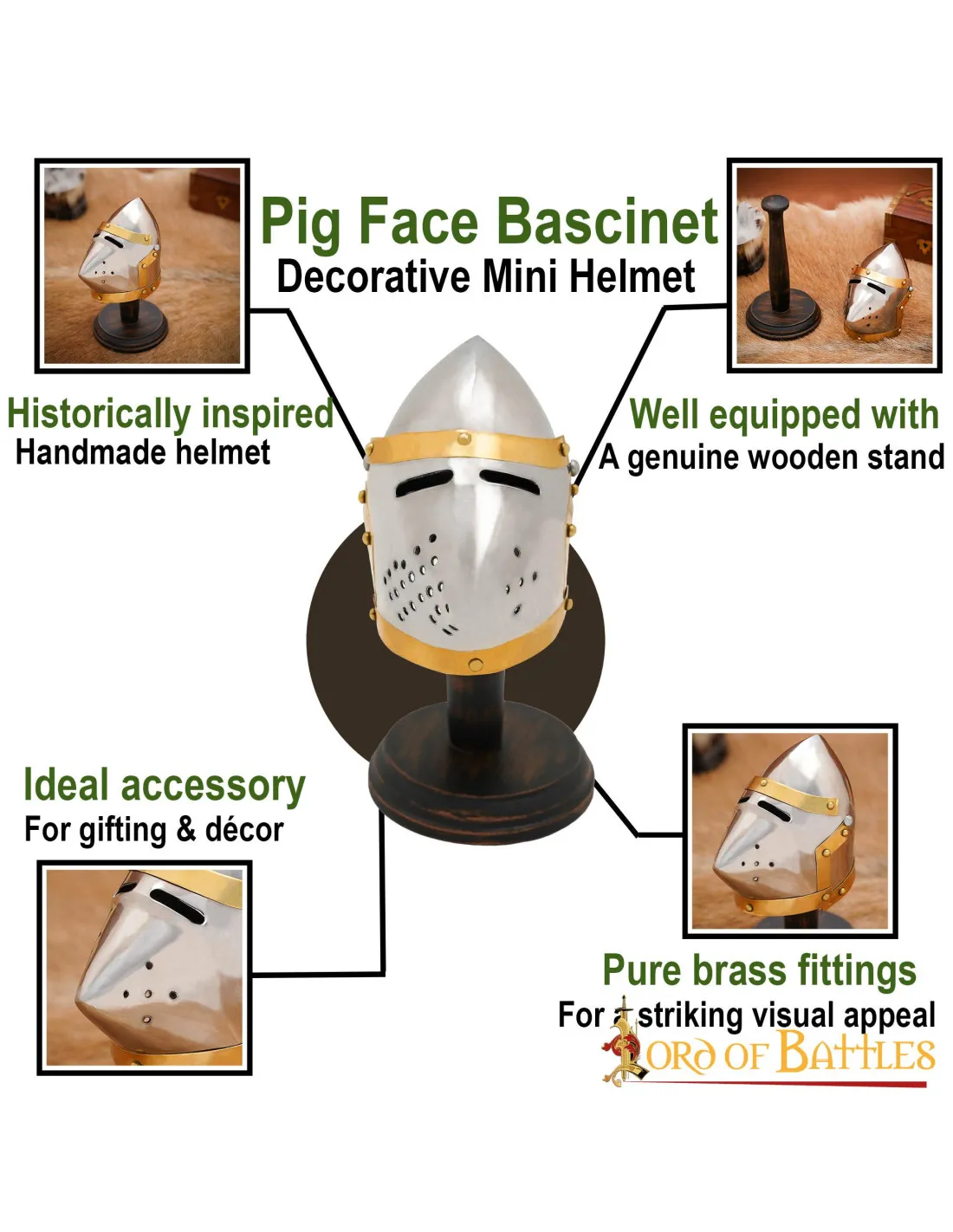 Mini casco bacinete Pig Face, con stand
