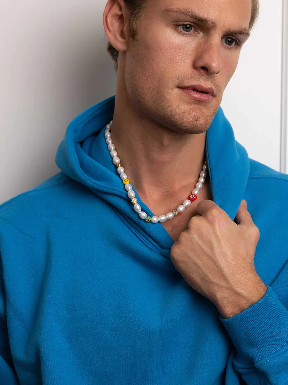 Nialaya Men's Smiley Face Pearl Choker With Assorted Beads