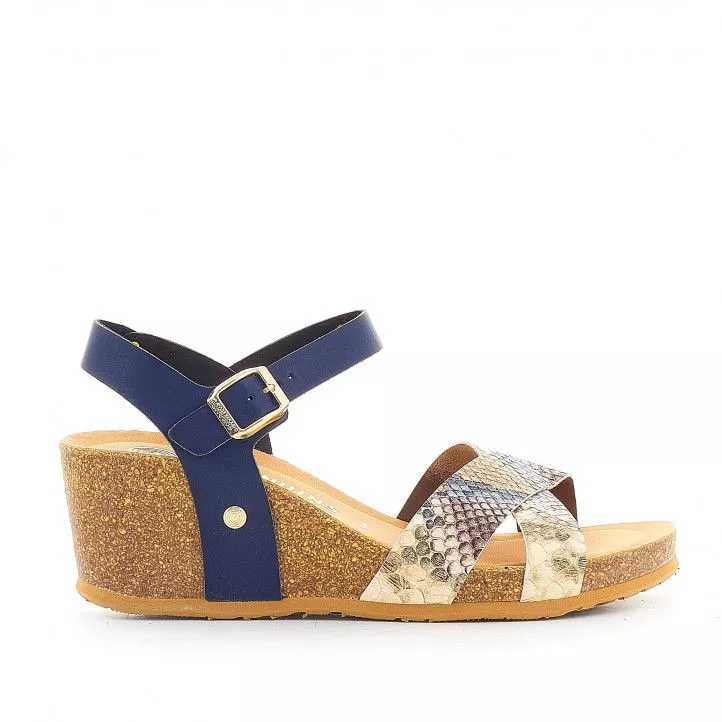 Sandalias cuña GENUINS azules con tiras cruzadas y animal print multicolor