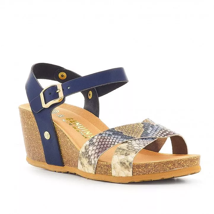 Sandalias cuña GENUINS azules con tiras cruzadas y animal print multicolor