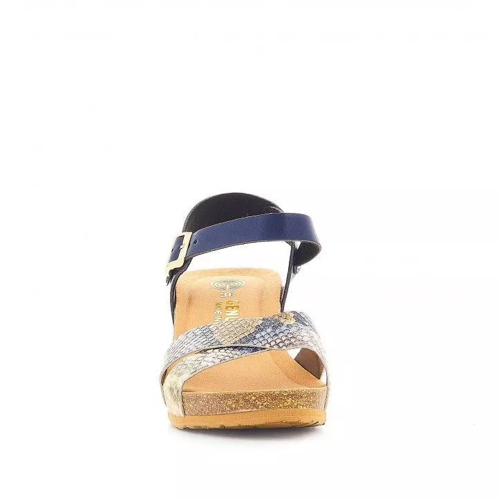 Sandalias cuña GENUINS azules con tiras cruzadas y animal print multicolor