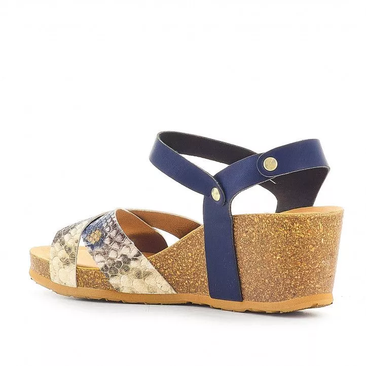 Sandalias cuña GENUINS azules con tiras cruzadas y animal print multicolor