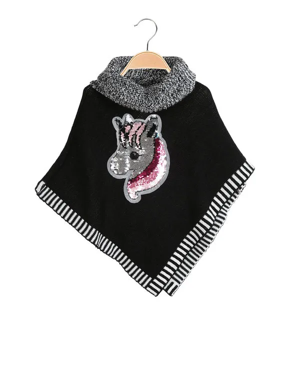 Solada Poncho de niña de punto con unicornio de lentejuelas