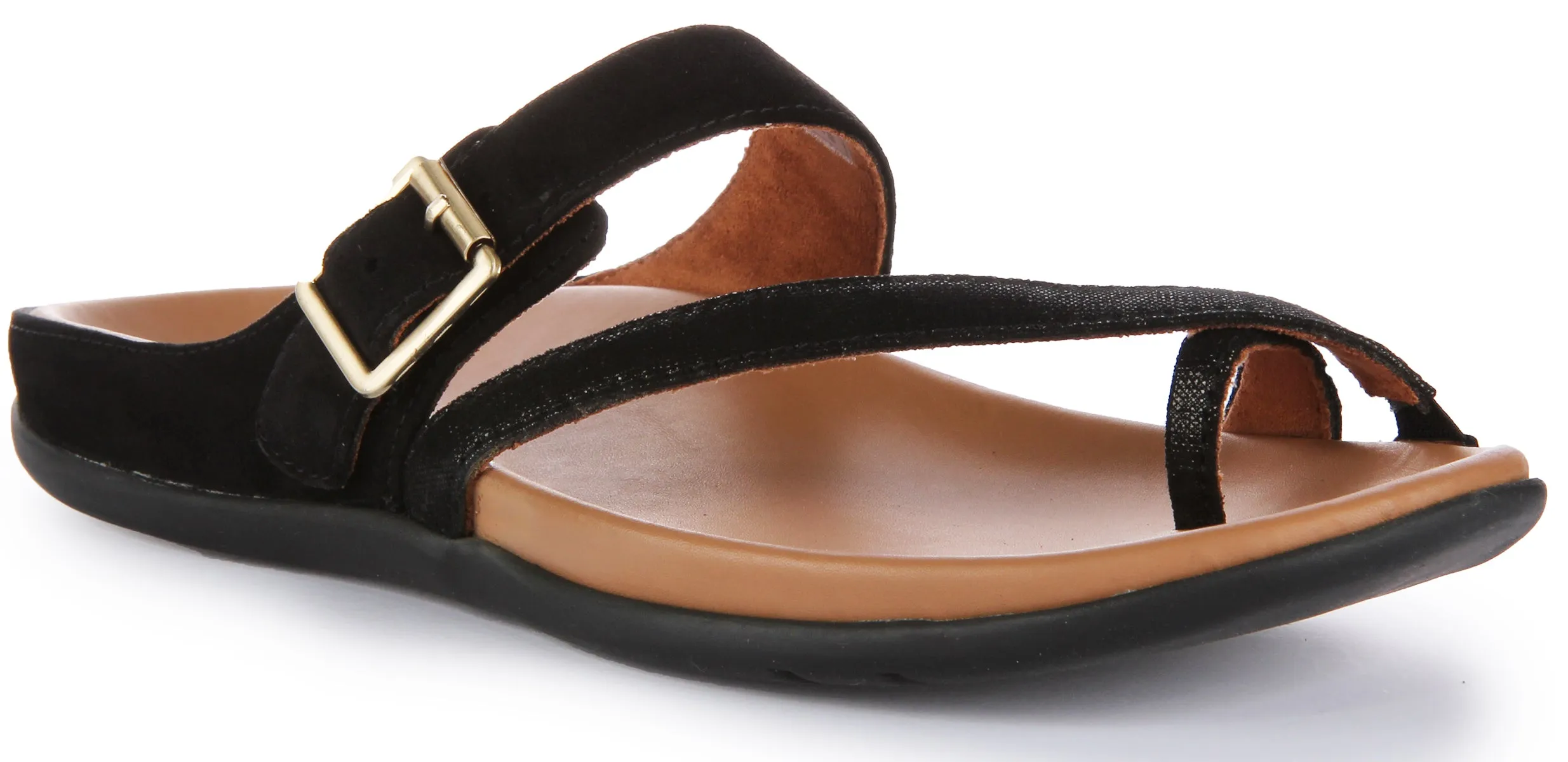 Strive Nusa Sandalia de dedo elástica con hebilla para mujer en negro brillante