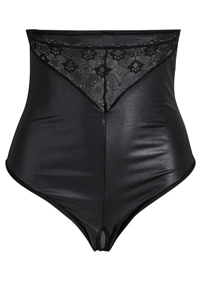 Tanga de talle alto de tanga con abertura y efecto mojado Negro