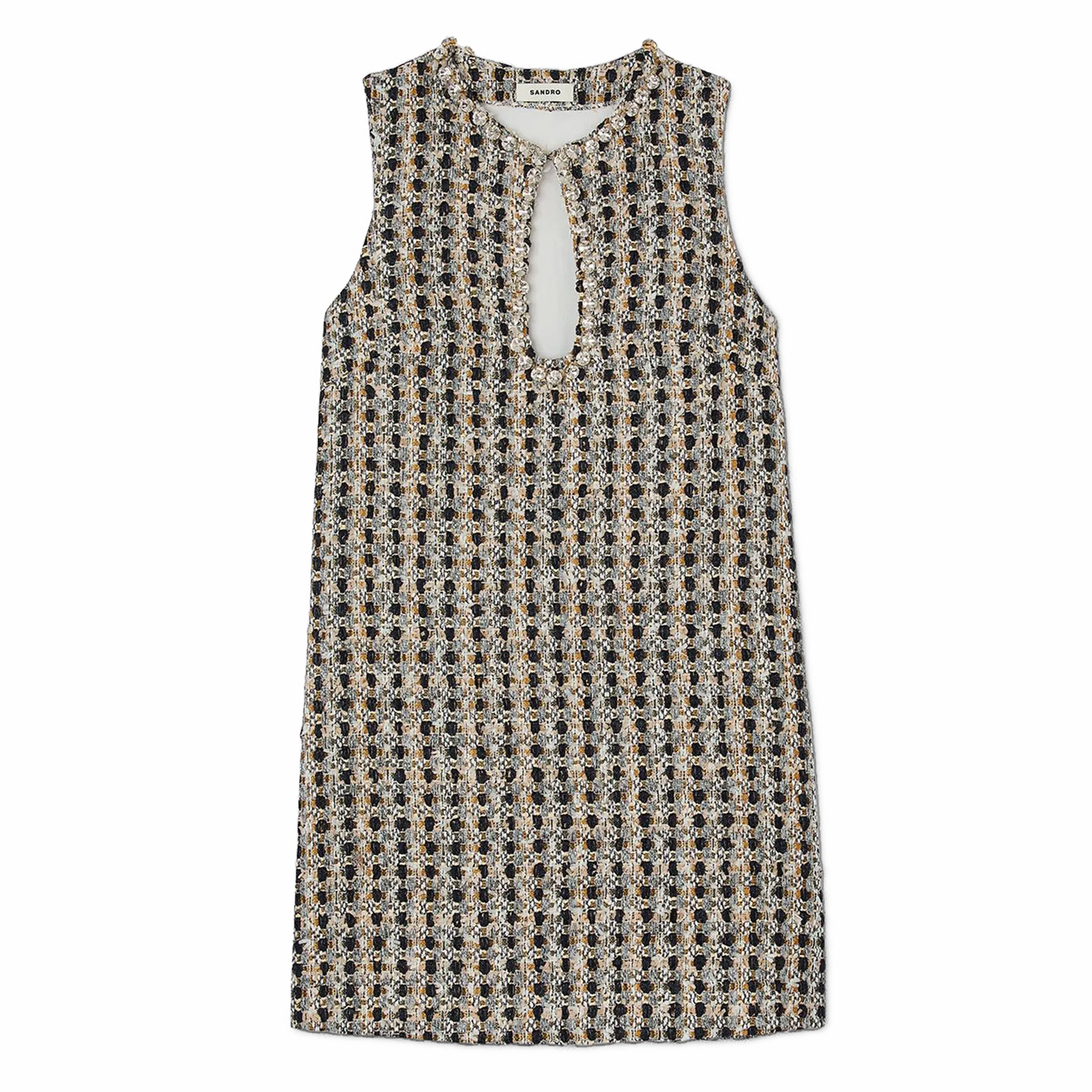 Vestido corto recto cuello redondo de tweed en marron