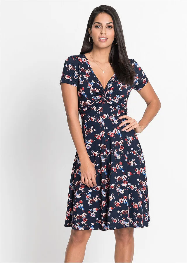 Vestido de punto de viscosa sostenible Azul oscuro de flores