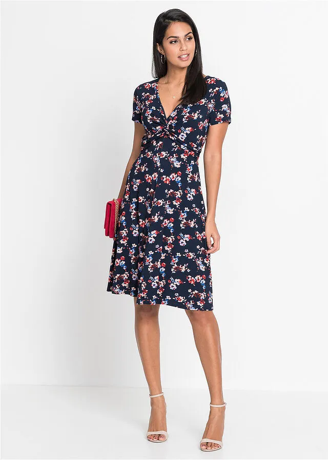 Vestido de punto de viscosa sostenible Azul oscuro de flores