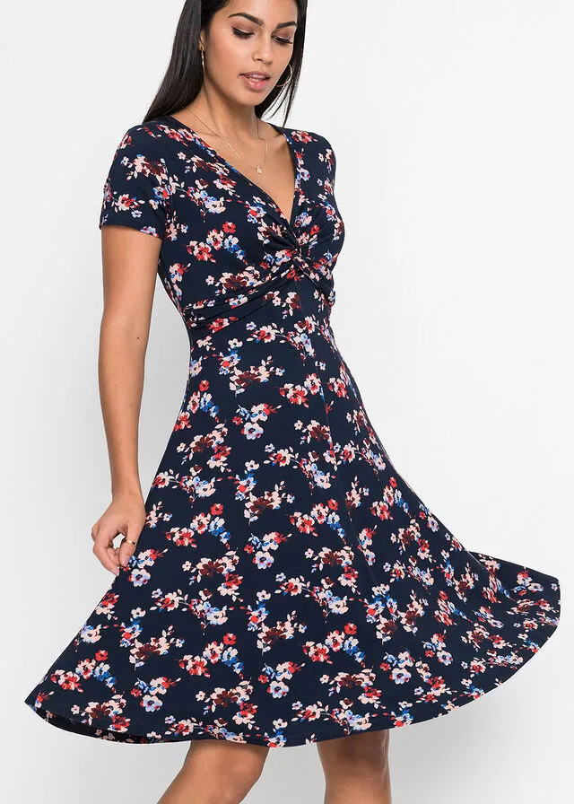 Vestido de punto de viscosa sostenible Azul oscuro de flores