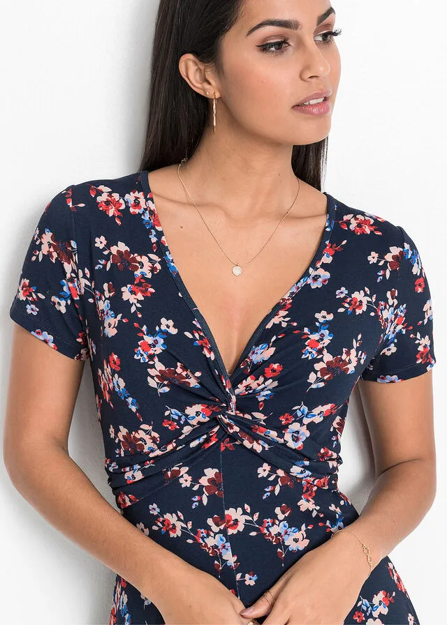Vestido de punto de viscosa sostenible Azul oscuro de flores