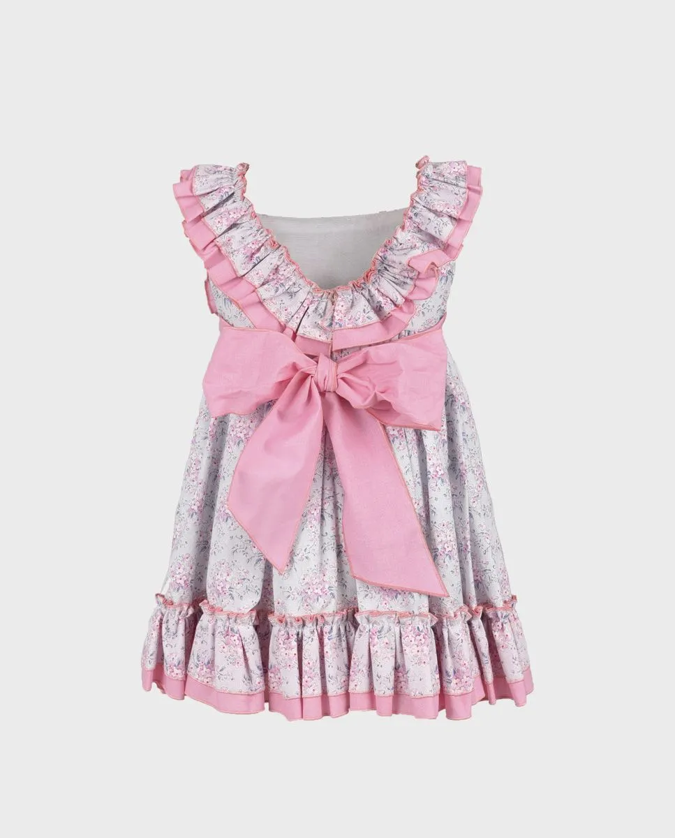 Vestido niña florecitas rosas y rayas celestes