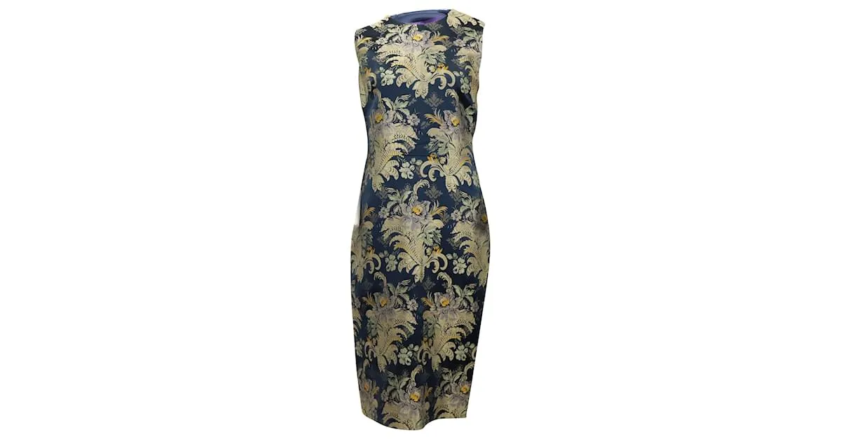 Vestido tubo en seda azul con brocado barroco Georgia de Ralph Lauren Purple Label 