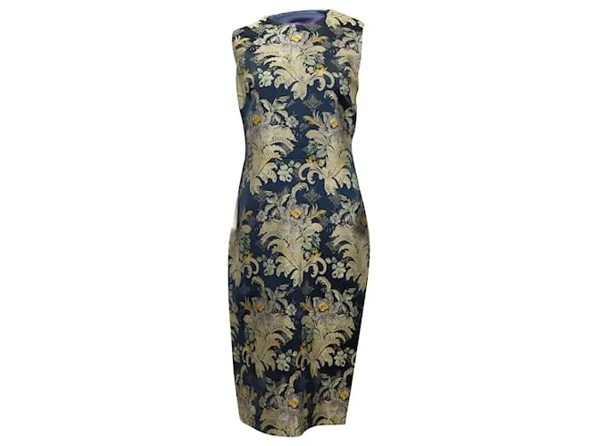 Vestido tubo en seda azul con brocado barroco Georgia de Ralph Lauren Purple Label 